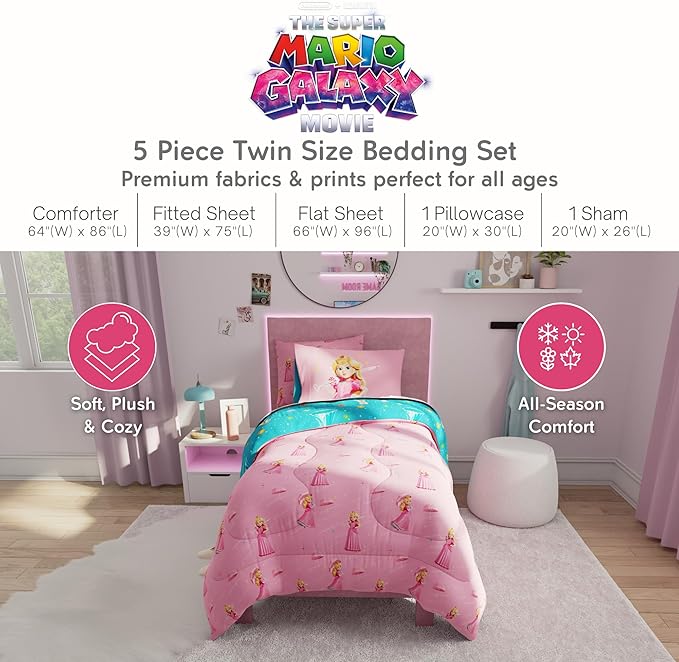 The Super Mario Galaxy Movie Bedding Set, Twin Size 5 Piece Set Kids Super Soft Cozy Reversible Comforter and Sheet Set with Sham, Princess Peach (100% Officially Licensed Product) by Franco