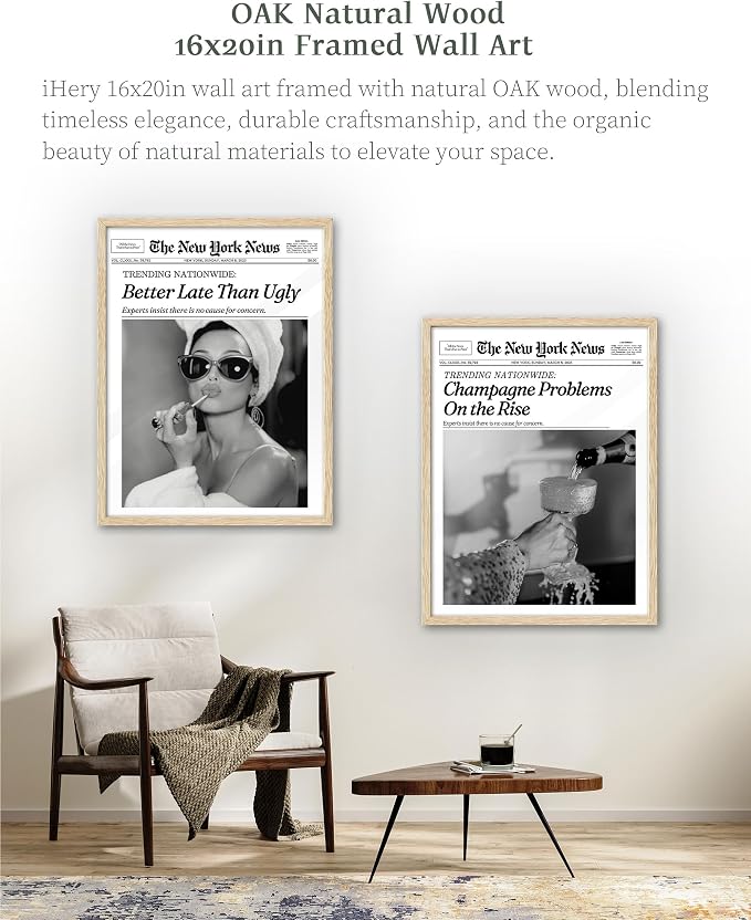 iHery 16x20in Audrey Hepburn Better Late Than Ugly Framed Bathroom Art | Natural OAK Wood Frame with Canvas Print, Vintage Fashion Wall Decor for Bathroom, Bedroom, Apartment and Girl Dorm, 1Pack