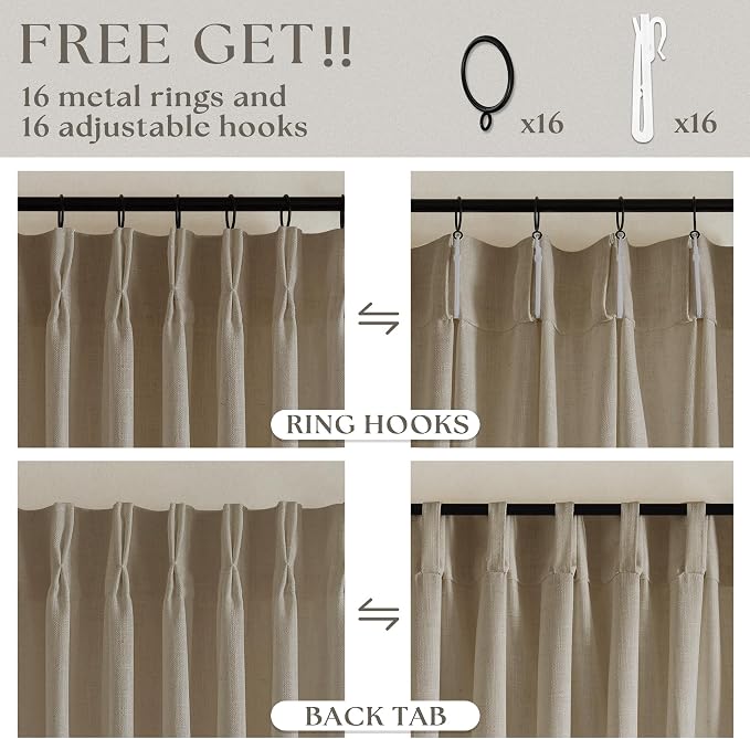 Greige 80 Inches Long Linen Curtains for Living Room Pinch Pleat Hooks for Living Room Back Tab Thick Linen Textured Pleated Drapes Light Filtering Tan Taupe Bedroom Window Curtains 80 Inch Length