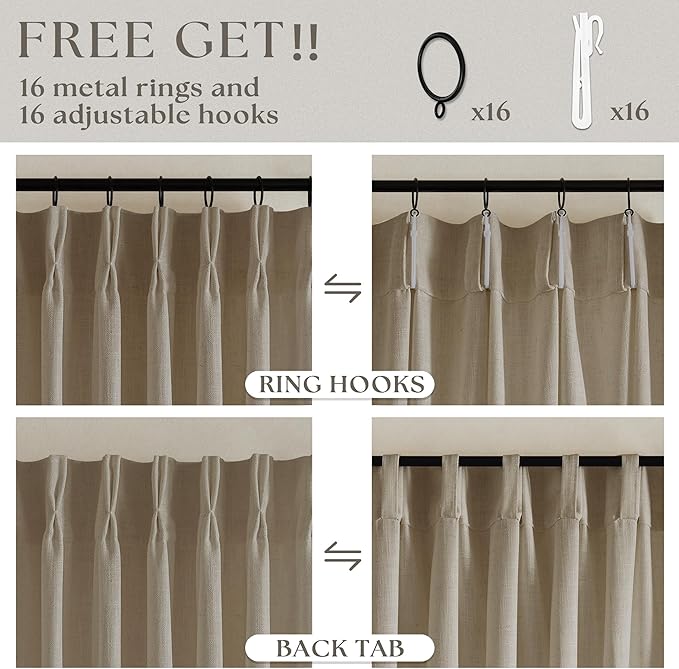 Grey Beige Pinch Pleat Linen Kitchen Curtains 45 Inches Long 2 Panels | Basement Short Curtains for Small Bay Window, Pinch Pleated with Hooks Rings Back Tab, Thick Linen Semi Sheer, W40xL45