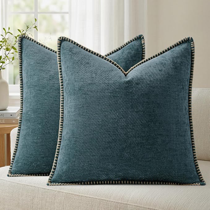a moment Pack of 2 Decorative Chenille Throw Pillow Covers with Twill Cushion Covers for Sofa Living Room Couch Bed 22x22 Inch,Crafted Border Dark Teal