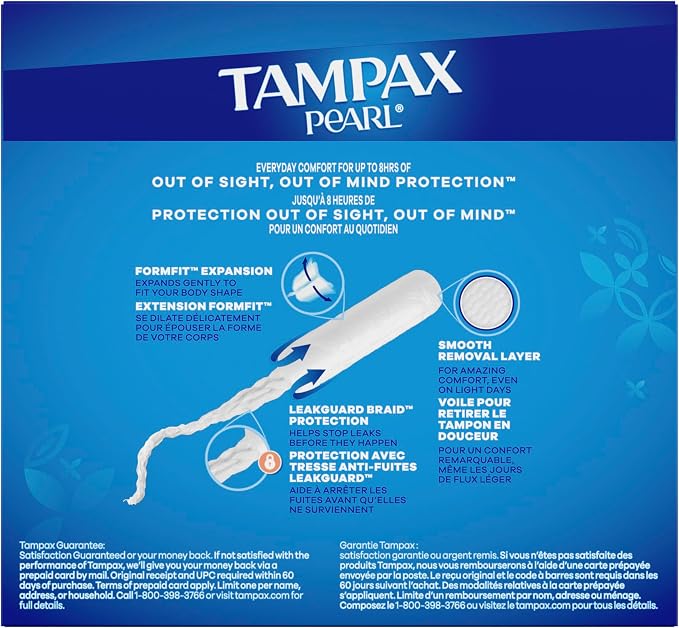 Tampax Pearl Tampons, with LeakGuard Braid, Super Plus Absorbency, Up to 100% Leak and Odor Free Protection, Unscented, 36 Count