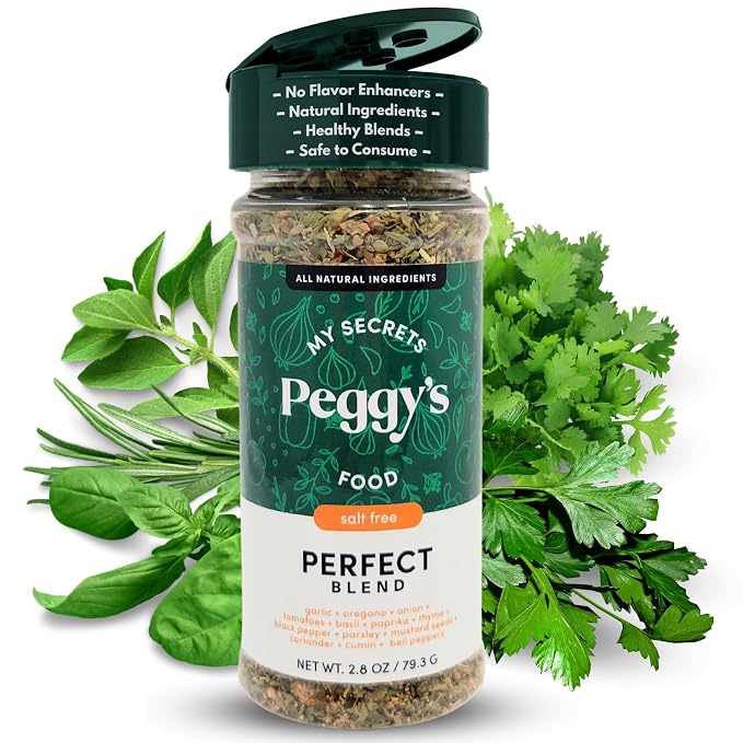 My Secrets Peggy's Food Perfect Seasoning Mix - 100% No Sodium Spice Blend - Salt Free All-Purpose Herb & Vegetable Seasoning for Eggs, Poultry, and Veggies - Gourmet Salt Substitute - 4.2 oz