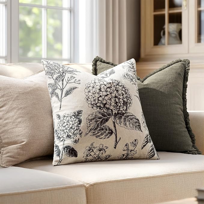Set of 2 Decorative Floral Pillow Covers 22x22 Inch Black | Neutral Hydrangea Print, Boho Vintage Throw Cushion Covers, Cottagecore Home Decor, for Sofa Couch Porch Bedroom Living Room