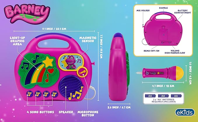 eKids Barney Karaoke Microphone with Boombox for Fans of Toddler Toys, Kids Karaoke Machine with Built in Music (Barney)
