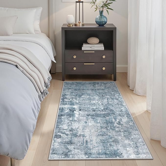 Soalmost 2x4 Abstract Washable Rugs for Entry, Kitchen Area Rug Blue/Grey | Small Non-Slip Vintage Low Pile Throw Door Mat For Bathroom Entryway Laundry, Stain Resistant Indoor Entrance Floor Carpet