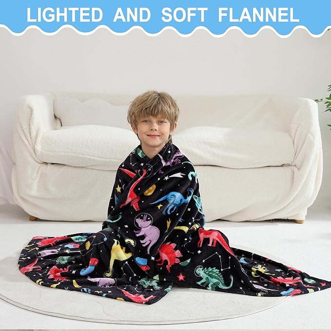 Softan Kids Throw Blanket for Girls & Boys, Warm Soft Toddler Flannel Blankets for Sofa Couch Bed， Cozy Fuzzy Plush Flannel Kids Throw Blanket for Daycare & School - Space Dinosaur 50x60 inches