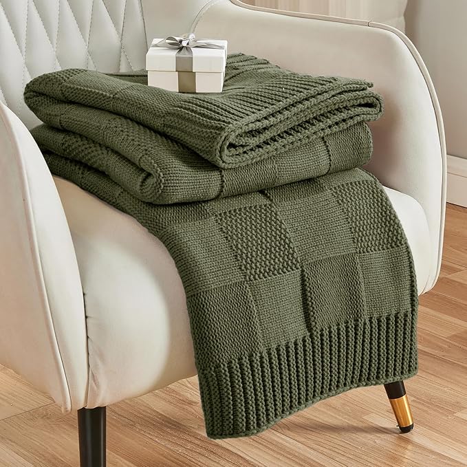 CozeCube Olive Green Knitted Checkered Throw Blanket 60"X80" | Check Knit Throw for Couch, Decorative Christmas Soft Cozy Warm Blanket for Bed Sofa Living Room