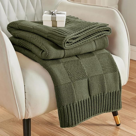CozeCube Olive Green Knitted Checkered Throw Blanket 60"X80" | Check Knit Throw for Couch, Decorative Christmas Soft Cozy Warm Blanket for Bed Sofa Living Room