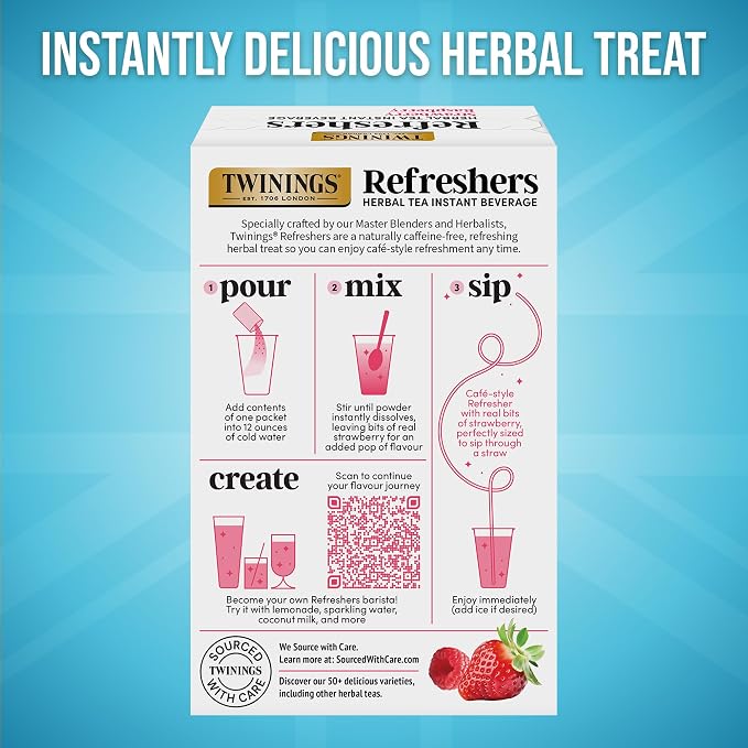 NEW Twinings Strawberry Raspberry Refreshers, Herbal Tea Instant Beverage with Real Strawberry Fruit Bits, 5 Count (Pack of 2), Café Style, No Artificial Sweeteners, Naturally Caffeine-Free, 5 Packets