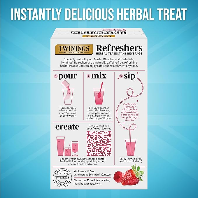 Twinings Strawberry Raspberry Refreshers, Herbal Tea Instant Beverage with Real Strawberry Fruit Bits, 5 Count (Pack of 1), Café Style, No Artificial Sweeteners, Naturally Caffeine-Free, 5 Packets