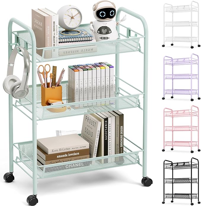 TOOLF 3 Tier Rolling Cart, Metal Utility Storage Cart with Wheels, Green | 3 Hooks, Screwless Assembly, Trolley Organizer for Bathroom, Kitchen, Office, Nursery, Dorm, Laundry Room