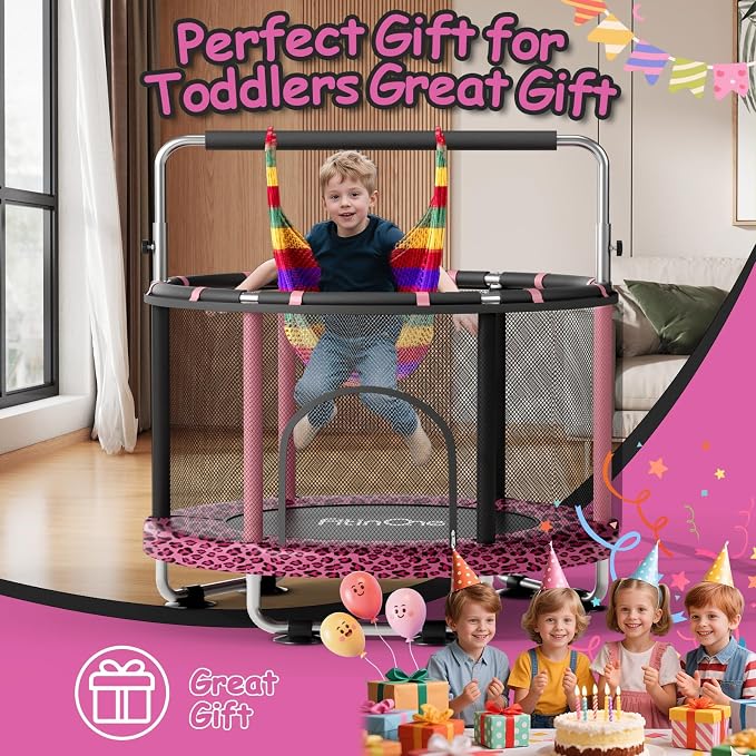 55" Toddler Mini Trampoline for Kids, Indoor Outdoor Toys with Swing, 440lbs Baby Kids Trampoline, Gymnastics Bar, Birthday Gifts for Boy Girl Age 1-8