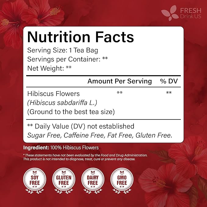 FreshDrinkUS, Premium 30 Hibiscus Flowers Tea Bags, 100% Natural & Pure from Hibiscus Flowers. Loose Flower Herbal Tea. No Sugar, No Caffeine, No Gluten, Vegan.