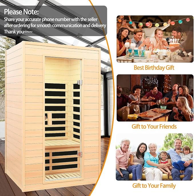 2 Person Infrared Sauna, Low EMF Far Infrared Sauna, Canadian Hemlock Wood Sauna for Home 1500W Indoor Sauna Home Spa Sauna with Bluetooth Speakers, Reading Lights, Roof Vent, Tempered Glass