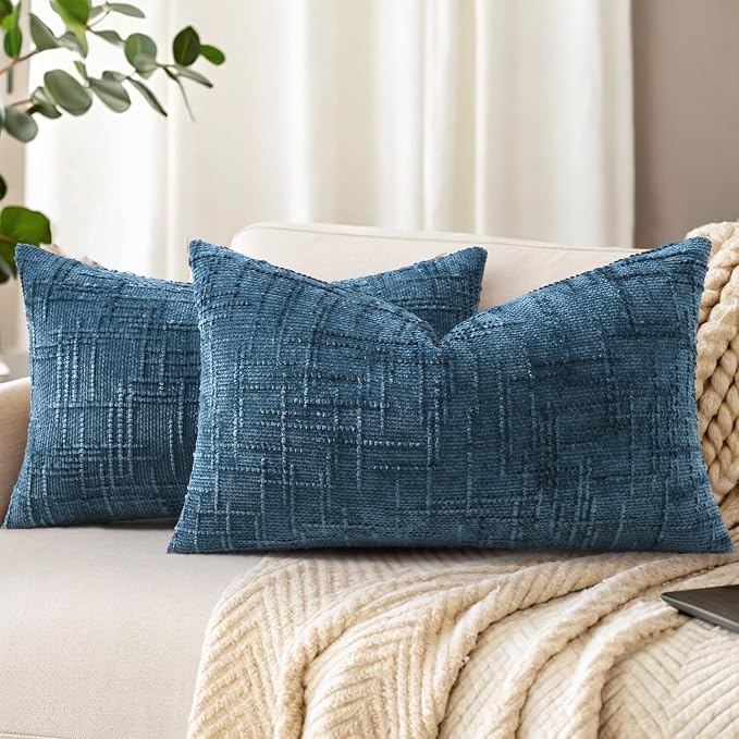 decorUhome Textured Chenille Throw Pillow Covers 12x20 Set of 2 Navy Blue | Fall Modern Farmhouse Soft Cozy Slubby Couch Pillow Cases Boho Decorative Pillow Cases for Bed Sofa Living Room Home Decor