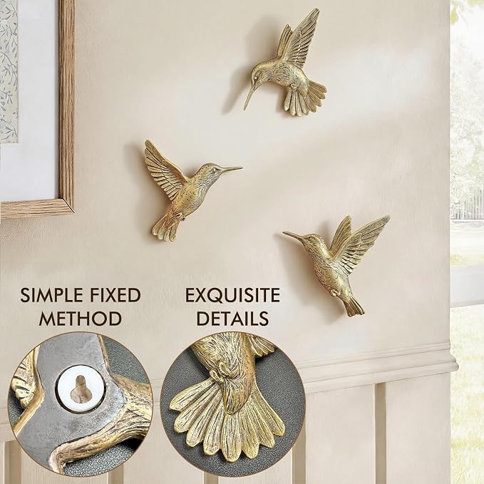 GUSFREUD 3D Hummingbird Wall Decor Set - Brass Resin Bird Wall Decor for Living Room, Bedroom and Gallery Walls - Vintage Gold - Set of 3