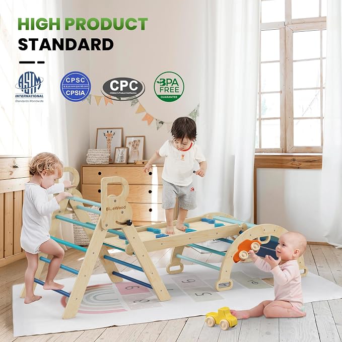 BlueWood Pikler Triangle Set with Safe Handle, Foldable 7-in-1 Montessori Toddler Climbing Toys Indoor, Wooden Pickler Climbing Set, Baby Jungle Gym & Playground, Climbing Toys for 1-3 Year, Sky Blue