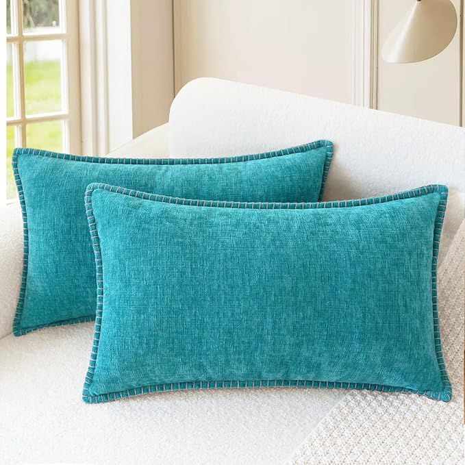 CaliTime Decorative Couch Throw Pillow Covers 20 X 12 Inches Lake Blue | Pack of 2, Cozy Chenille Cushion Cases, Cotton Thread Stitching Edges, for Sofa Bed Living Room Farmhouse