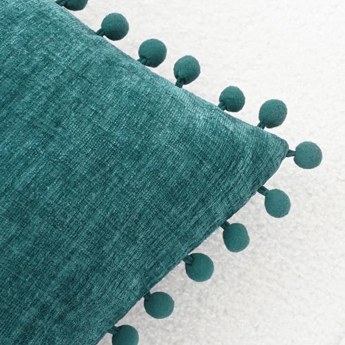 CaliTime Decorative Couch Throw Pillow Covers 22 X 22 Inches Teal | Pack of 2, Cozy Chenille Cushion Cases, with Pom Poms for Sofa Bed Living Room Farmhouse Home