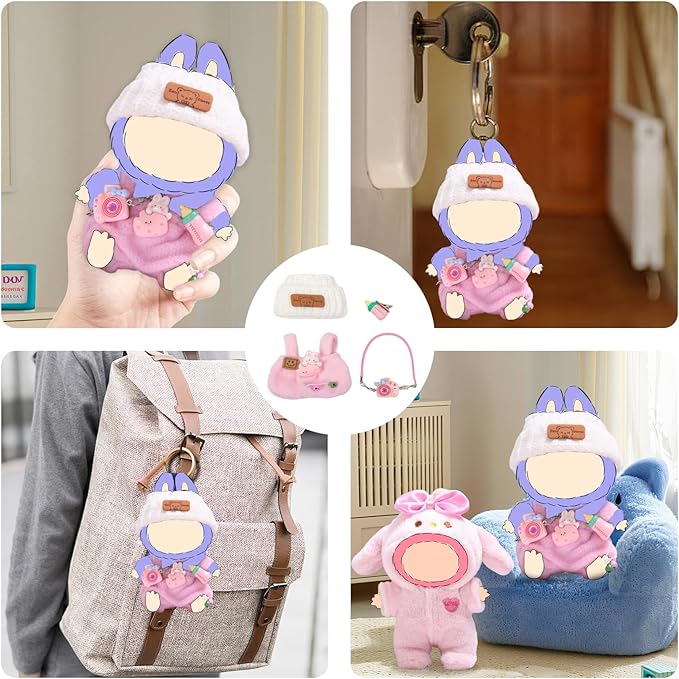 17cm Clothes for Dolls, Hat & Overalls Clothes Set Outfit for Dolls, Keychain Accessories for Doll, Suitable Gifts for Children (NO Doll)(3-Piece Pink)