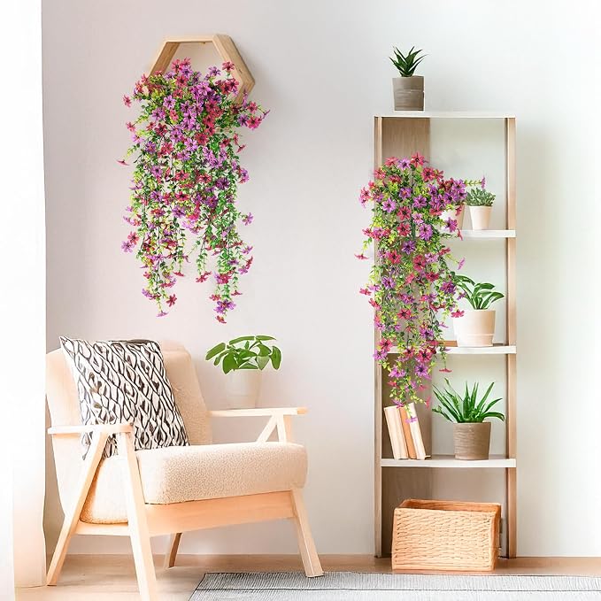 Artificial Fake Hanging Flowers Plants for Outdoor Spring Summer Decoration | 2 PCS Faux Silk Daisy with Eucalyptus Leaves,UV Resistant Look Real for Outside Home Planter Porch Patio Balcony Yard Decor