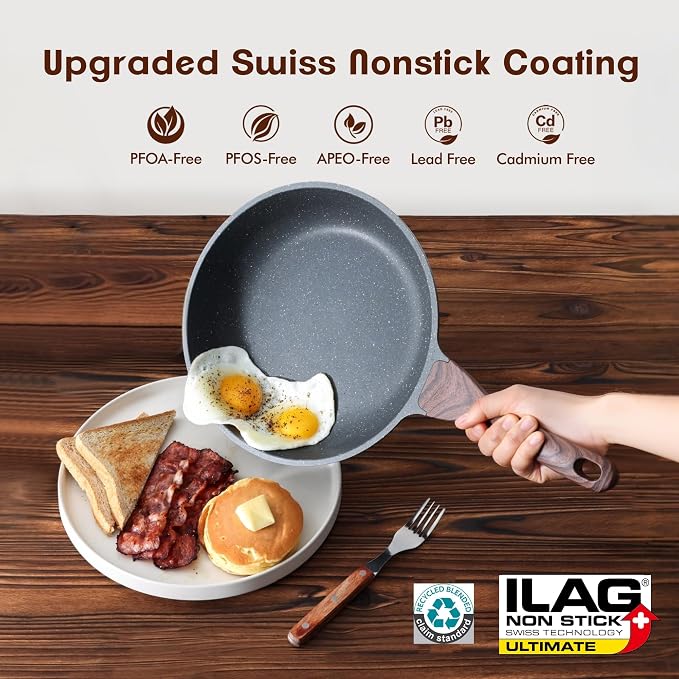SENSARTE Nonstick Frying Pans, Grey(8+11Inch with Lid) | Swiss Granite Coating, Free of PFOA&PFOS, Compatible with All Stoves Including Induction Cooktops, Easy to Clean