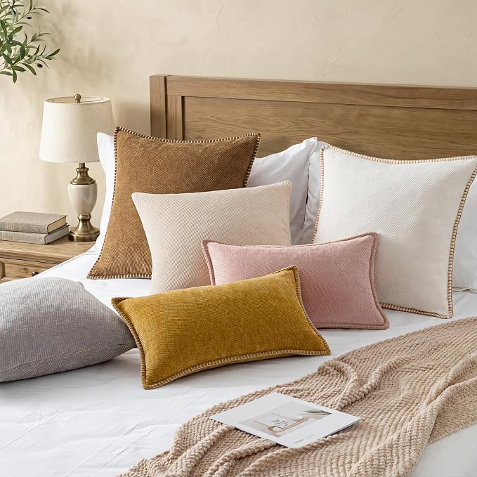 a moment Pack of 2 Decorative Chenille Throw Pillow Covers with Twill Cushion Covers for Sofa Living Room Couch Bed 24x24 Inch,Crafted Border Blush Pink
