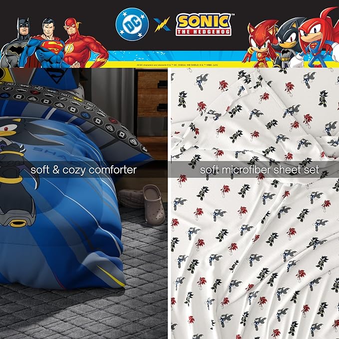 DC x Sonic The Hedgehog Kids Bedding Set, Twin Size, 4-Piece Super Soft Cozy Reversible Comforter & Sheet Set (Officially Licensed Product) by Franco | Durable, Reversible, Officially Licensed