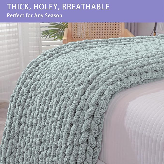 Bigacogo Chunky Knit Throw Blanket for Couch, 51x63 inches, Misty Green | Hand Knit with Jumbo Chenille, Soft Breathable Cable Knit for Sofa Bed Living Room, Machine Washable, Gift for Mom Friend