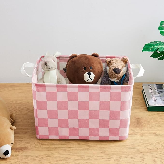 Ohocut Pink Coral Checkered Canvas Basket, Rectangular Organizing Decorative Storage Basket for Kids Dog Toy, Cute Aesthetic Race Cars Boy Room Decor for Home, Kitchen, Bedroom, Classroom, Shelves