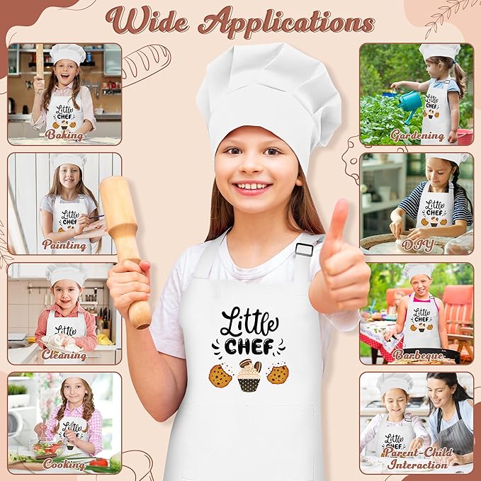 R HORSE Kid Apron and Chef Hat Set - 2Pcs White Little Chef Adjustable Children Kitchen Toddler Apron for Boys Girls, Funny Dress up Pretend Play Toy Birthday Gift for Kids Cooking Baking Painting