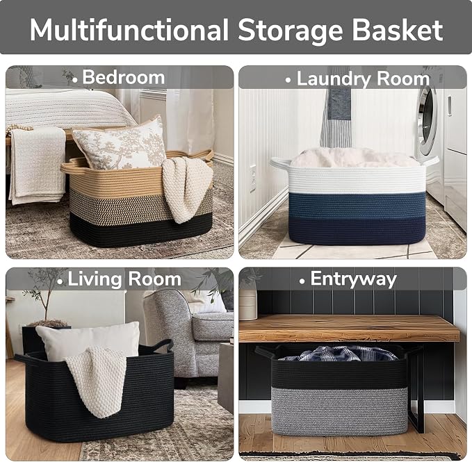 Goodpick Large Woven Rope Blanket Basket, Rectangle, Black & Gray | 21.6'' x 14.9'' x 11.8'' Storage Basket for Toys & Nursery Essentials, Living Room & Bedroom Organization, Reinforced Handles