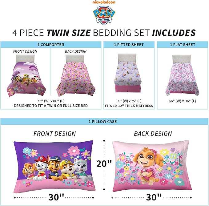 Paw Patrol Girl Skye Kids Bedding Super Soft Reversible Microfiber Comforter and Sheet Set, 4 Piece Twin Size, (Officially Licensed Product) Product By Franco | Durable, Reversible, Officially Licensed