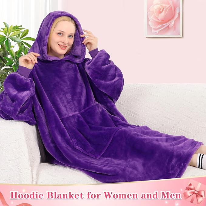 Waitu Wearable Blanket Sweatshirt Gifts for Women and Men, Warm and Cozy Giant Blanket Hoodie, Thick Flannel Blanket with Sleeves and Giant Pocket - Violet