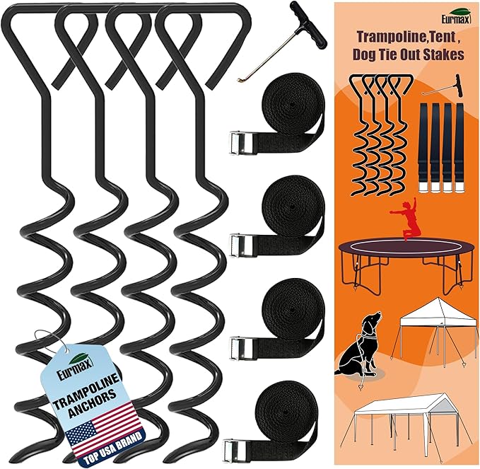 EURMAX USA Windproof Trampoline Stakes Anchor Kit-4pcs Steel Corkscrew Anchor,Heavy Duty Tie Down Kit with T-Hook&Reinforced Safety Straps,Secure Weatherproof Protection for Trampolines,Tents&Playsets