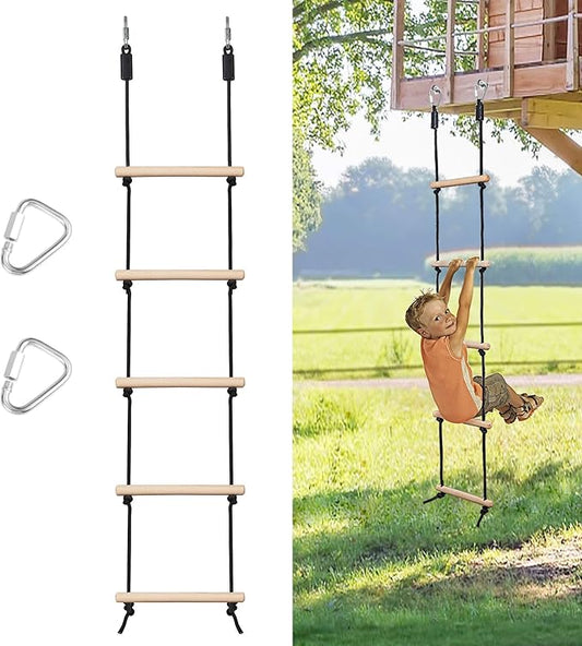 Rope Ladder for Kids Climbing Obstacle Wooden Swing Rope Ladder with 2 Hooks for Kids Climbing Game Hanging Ladder for Swing Accessories, Playground, Play Set