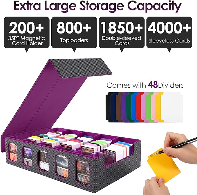 Trading Card Storage Box with Commander Display, 5-Row Deck Case with Removable Lid, 4000+ MTG Deck Box with 48 Colorful Divider, 5 Magnetic Card Holders, 5 Stoppers, Dice Tray(Black Purple)