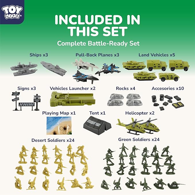 TOY Life Army Men Playset- Army Men Action Figures, Toy Soldiers for Boys, Plastic Green Army Men Playset with Vehicles/Tanks/Navy/Planes/Battle Mat Accessories- Kids Toys for Ages 4-12