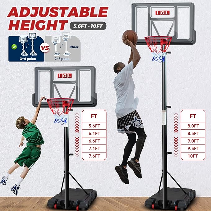 IGL Portable Basketball Hoop, 5.6-10FT Adjustable Basketball Goal System, 40/44 Inch Outdoor Basketball Hoop & Goals for Kids, Youth, and Adults in The Backyard, Driveway with PC Backboard