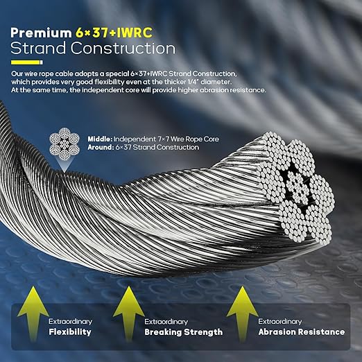 1/4" Stainless Steel Cable, 350FT Wire Rope Aircraft Cable with Cable Clamps and Thimbles for Backyard Zipline, String Lights and Deck Railing, 6x37 Strands Construction