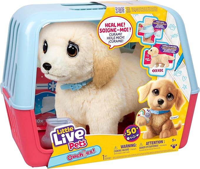 Little Live Pets Ouchies Cooper The Retriever Puppy, 50+ Sounds, Limping to Walking Puppy Toy with Vet Carrier, Interactive Toy Dog for Kids Ages 5+
