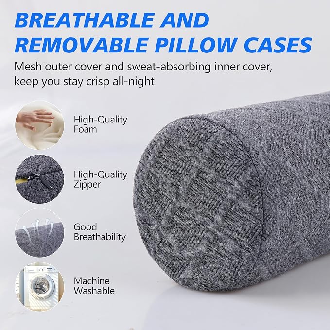 Cozyhealth 3.1" H Small Cervical Roll Pillow, Medium Soft Memory Foam Neck Round Pillow Cylinder Bolster Pillow for Sleeping, Round Neck Support for Bed, Legs, Back and Yoga (Grey, Small - 3.1" H)