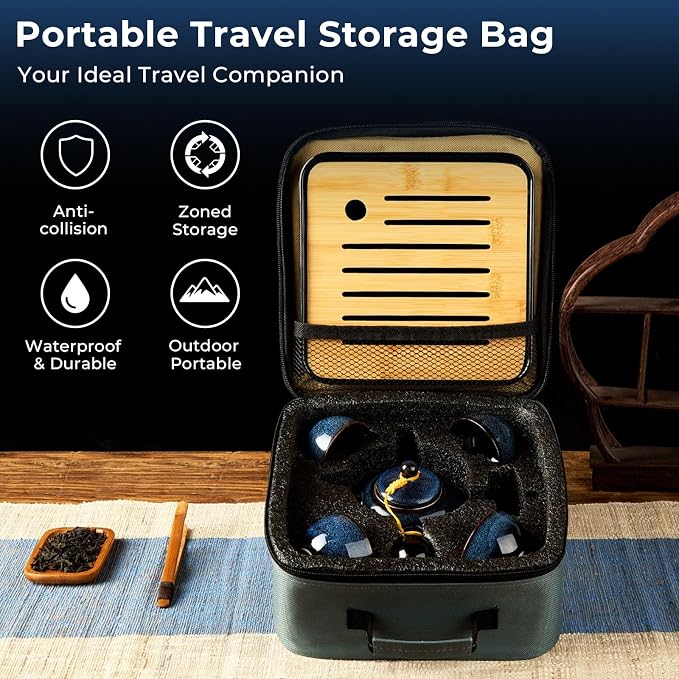 DUJUST Chinese Gongfu Tea Set, Kiln Altered Glaze Porcelain Tea Set with 1 Teapot, 4 Tea Cups & 1 Tea Tray, Portable Japanese Tea Sets with Storage Bag for Travel, Gifting, Outdoor, Dark Blue