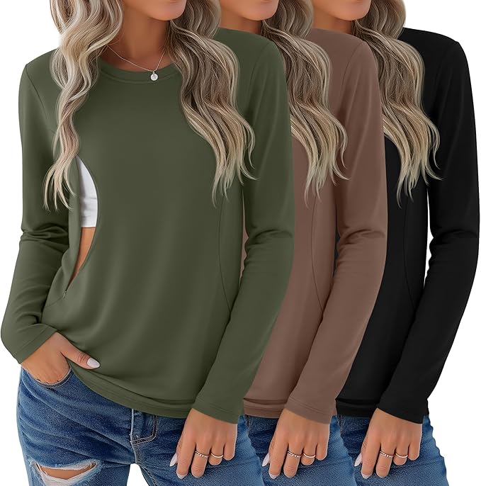 3 Pack Nursing Tops for Breastfeeding Maternity Shirts Zipper Long Sleeve Round Neck Knit Casual Nursing Clothes