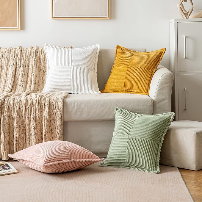 MIULEE Decorative Lumbar Throw Pillow Covers 12x20 Inch White 2 Pack | Boho Broadside Striped Patchwork Pillow Covers, Soft Corduroy Cushion Cases, For Couch Sofa Bed Livingroom Home Decor