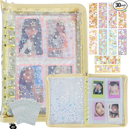 Kpop Photocard Binder with 6 Stickers Sheet & 50 Shinning Protective Sleeves Kpop Photocard Holder Book with Kpop Photocard, A5 Binder Photocard Album 30 Inner Pages with 240 Pockets (Yellow)