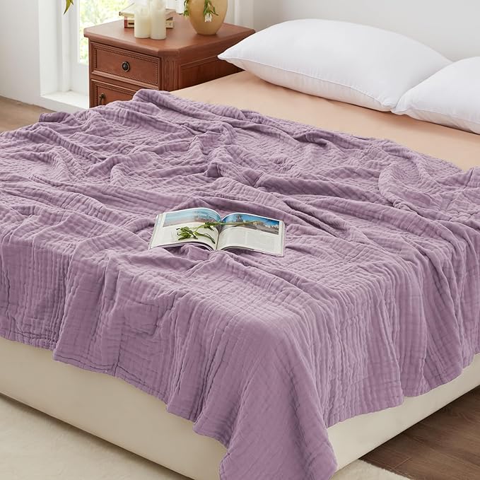 Love's cabin 100% Cotton Muslin Blanket, 6 Layer Lightweight Breathable Gauze King Size Blanket 108 x 90 Inches, Soft Summer Blanket for Bed, Lavender