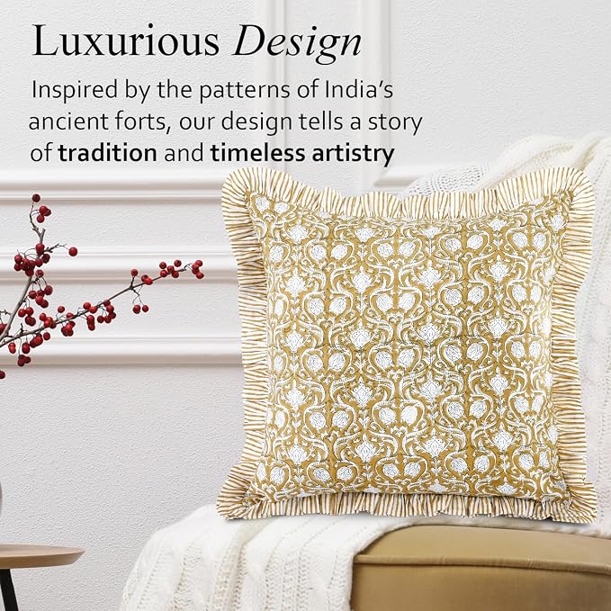 CPC Block Print Ruffle Throw Cover Mustard Regal 18"x18" Inch Pack of 2-100% Cotton Ruffle Couch Decorative Boho Pillows Case for Living Room, Bedroom, Sofa, Farmhouse Gift for Spring, Mother's Day