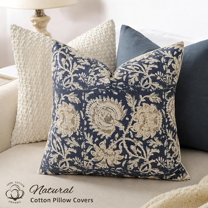 Vintage Floral Print Throw Pillow Covers 18x18 Set of 2 Neutral Modern Farmhouse Pillow Cases Accent Decorative Cushion Covers Boho Home Decor for Couch Sofa Chair Bed Living Room, Navy